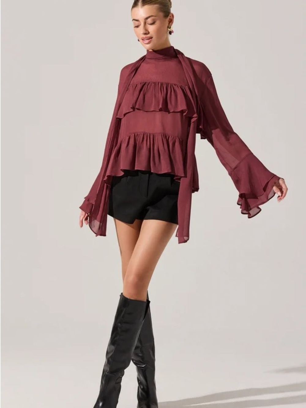 Astr Burgundy Ruffled High-Neck Long-Sleeve Blouse